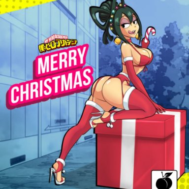 christmas, my hero academia, tsuyu asui, linkartoon, big ass, big breasts, box, candy cane, christmas lights, christmas outfit, earrings, elbow gloves, elbow tufts, green hair, high heels