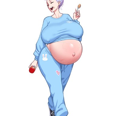 ashley (fellatrix), fellatrix, futa wife, hairbun, milf, peanut butter, pregnant, ready to pop, smile, sneakers, stretch marks, trousers