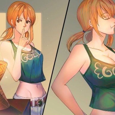 one piece, shounen jump, nami, bakki, 1girls, breast expansion, breasts, cleavage, clothing, female, female only, huge breasts, orange hair, solo, solo female