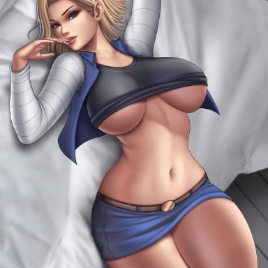 dragon ball, android 18, flowerxl, 1girls, blonde, blonde hair, blue eyes, cameltoe, cleavage, curvy, erect nipples, female, huge areolae, huge ass, huge breasts