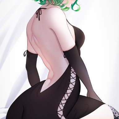 one-punch man, tatsumaki, rezeharu, 1girls, ass, big ass, breasts, dress, eye contact, female, female only, green eyes, green hair, looking at viewer, short hair