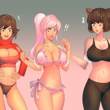 rooster teeth, rwby, blake belladonna, ruby rose, weiss schnee, bakki, 3girls, bikini, breast expansion, breasts, cat ears, cleavage, female, female only, huge breasts