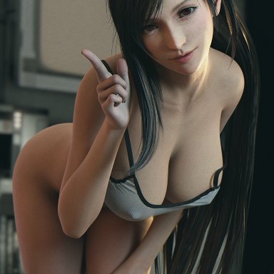 final fantasy, final fantasy vii, final fantasy vii remake, tifa lockhart, sentinelart, black hair, bottomless, brown eyes, cleavage, huge breasts, leaning forward, long hair, looking at viewer, voluptuous