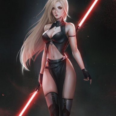 star wars, original character, blondynkitezgraja, abs, amber eyes, blonde hair, cleavage, double bladed lightsaber, female, fingerless gloves, fit female, knee boots, large breasts, lightsaber, loincloth