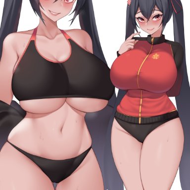 azur lane, taihou (azur lane), kuavera, 1girls, ahoge, bare legs, black hair, black panties, breasts, female, female only, hips, huge breasts, jacket, long hair