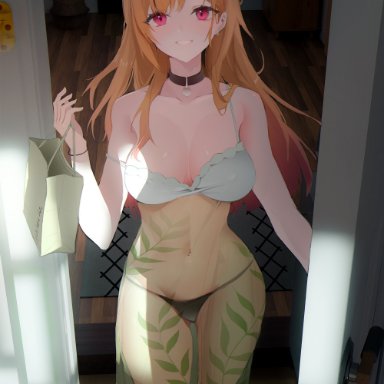 sono bisque doll wa koi wo suru, kitagawa marin, 0 0 0, 1girls, blonde hair, bra, cleavage, curvy, doorway, female, female only, highlights (coloring), long hair, panties, pink eyes