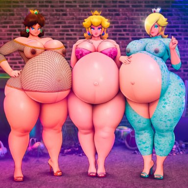 mario (series), nintendo, super mario bros., princess daisy, princess peach, princess rosalina, someshittysketches, 3girls, areolae, ass, belly, belly button, big ass, big belly, big butt
