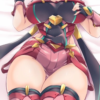 nintendo, xenoblade (series), xenoblade chronicles 2, pyra, kurocaze, 1girls, big breasts, breasts, female, female focus, fingerless gloves, gloves, hand on breast, hips, huge breasts