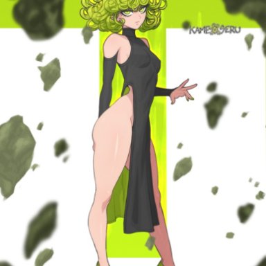 one-punch man, tatsumaki, kameseru, 1girls, ass, female only, green hair, high heels, looking at viewer, no panties, short hair, small breasts, thick thighs, wide hips, wide thighs