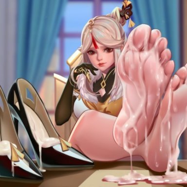 genshin impact, ningguang (genshin impact), artist request, ririko (fhnngririko), barefoot, cum, cum in shoe, cum on body, cum on feet, cum on lower body, feet, female, foot focus, high heels, long hair