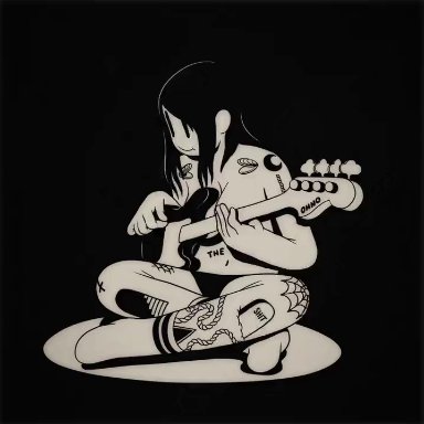 original character, 1girls, animated tattoo, black background, black hair, black panties, breasts, casual nudity, female, female only, guitar, human, mcbess, no nose, panties