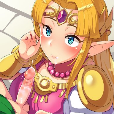 nintendo, the legend of zelda, link, princess zelda, boris (noborhys), 1boy, adjusting hair, after fellatio, age difference, blonde hair, blue eyes, blush, cum, cum in mouth, cum string