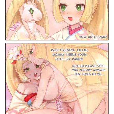 nintendo, pokemon, pokemon sm, lillie (pokemon), lusamine (pokemon), norza, 1futa, 1girls, age difference, alternate breast size, alternate hairstyle, areolae, blonde hair, blush, breast size difference