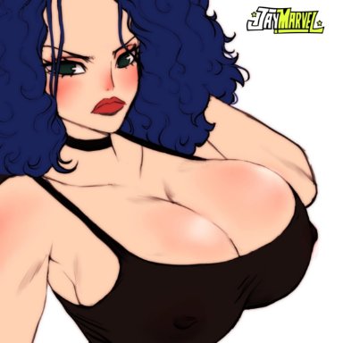 one piece, miss doublefinger, jay-marvel, afro, angry, big breasts, blue hair, breasts, busty, cleavage, curly hair, huge breasts, lipstick, looking at viewer, nipple bulge