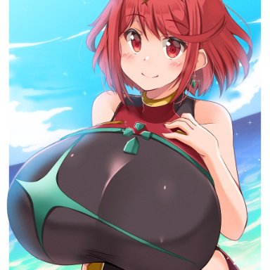 nintendo, xenoblade (series), xenoblade chronicles 2, pyra, kurocaze, 1girls, beach, big breasts, breasts, earrings, female, female focus, hips, huge breasts, large breasts