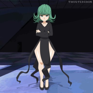 one-punch man, tatsumaki, twistedgrim, 1girls, black clothing, clothing, dress lift, female only, green hair, looking at viewer, panties, presenting, solo female, striped panties, animated