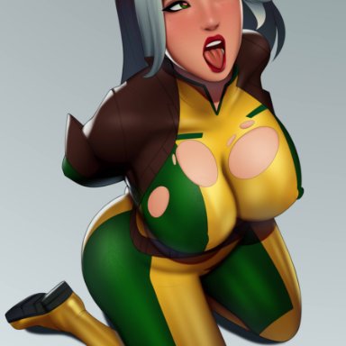 fortnite, marvel, x-men, rogue (x-men), postblue98, 1girls, ahe gao, bodysuit, breasts, brown hair, female, female only, green eyes, hands behind back, headband