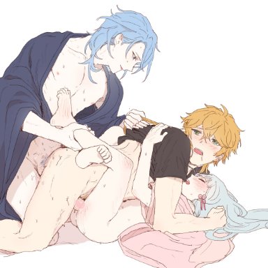 genshin impact, kamisato ayaka, kamisato ayato, thoma (genshin impact), dal-gi, 2boys, anal, bangs, barefoot, bisexual male, black shirt, blonde hair, blue hair, blush, clothes pull