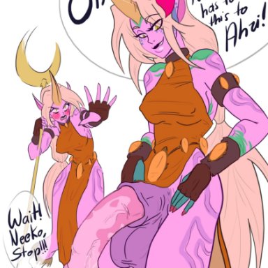 league of legends, neeko, soraka, animal genitalia, animal penis, balls, big balls, big penis, blush, breasts, dickgirl, dress, embarrassed, exposed penis, flared penis