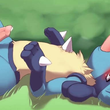 nintendo, pokemon, lucario, pokemon (species), jasonafex, redwolfxlll, 3boys, anal, anal sex, animal genitalia, audible creampie, blush, cum, cum on body, dominant male