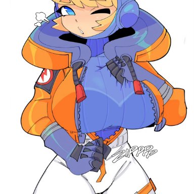 apex legends, wattson (apex legends), jiansketch, alternate breast size, belt, big ass, big breasts, big butt, big hips, big thighs, bottom heavy, bra, bra visible through clothes, breast hold, breast squeeze