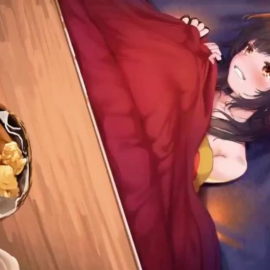 megumin, satou kazuma, nigorimizu, 1boy, 1girls, black panties, female, harutoshi, kotatsu, large penis, male, panties, panties aside, pussy, sex