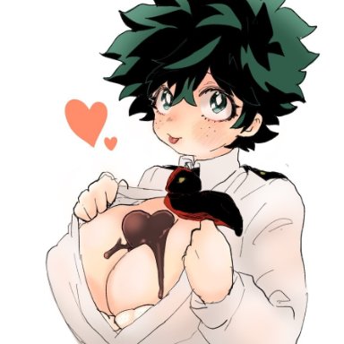 my hero academia, valentine's day, female deku, izuku midoriya, mrtm0102, 1girls, big breasts, big eyes, blush, chocolate, chocolate on breasts, cleavage, female, freckles, green eyes