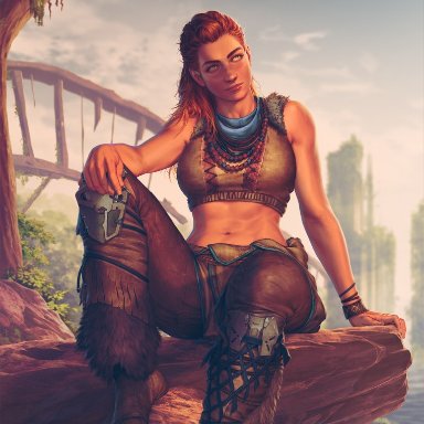 horizon zero dawn, sony interactive entertainment, aloy, krysdecker, 1girls, abs, bare arms, bare midriff, bare shoulders, belly, belly button, bracelet, clothed female, crop top, female