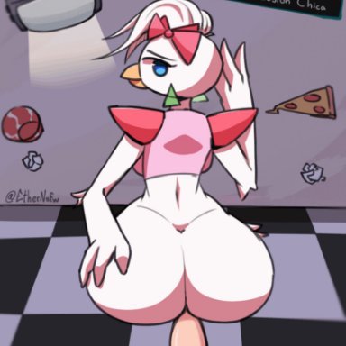 five nights at freddy's, scottgames, glamrock chica (fnaf), ethernsfw, accessory, anthro, ass, avian, beak, big butt, bird, blue eyes, bottomless, clothed, clothing