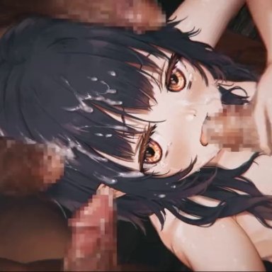 megumin, nigorimizu, 1girls, blowjob, female, group, group sex, handjob, harutoshi, large penis, male, multiple boys, naked, nude, nude female