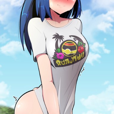 nintendo, pokemon, pokemon legends: arceus, akari (pokemon), halubato, 1girls, blue eyes, blue hair, blush, bottomless, bottomless female, breasts, embarrassed, female, female only