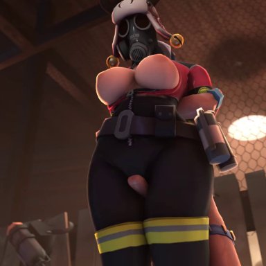 team fortress 2, fempyro, pyro, spy (team fortress 2), vyne, arms behind back, belt, big ass, big breasts, bodysuit, breasts, disguise, enemies, gas mask, night