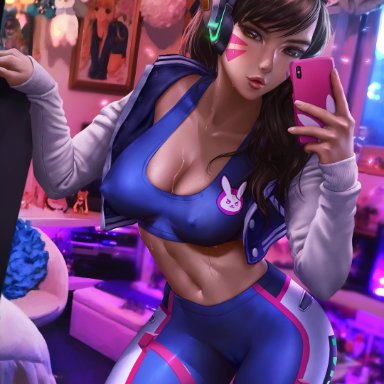 blizzard entertainment, overwatch, d.va, logan cure, 1girls, abs, asian, asian female, big breasts, breasts, brown eyes, brown hair, cameltoe, cellphone, cleavage