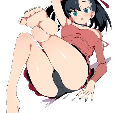 nintendo, pokemon, pokemon ss, marnie (pokemon), tottotonero, 1girls, :o, asymmetrical hair, bare feet, barefoot, black hair, black panties, blush, breasts, cameltoe