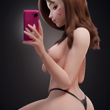 overwatch, d.va, discko d.va, discko, g string, half naked, naked, phone, simple background, sitting, thighhighs