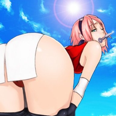 naruto, naruto (series), naruto shippuden, sakura haruno, artist request, ass, bent over, black gloves, clothed, gloves, green eyes, kunai, outside, panties, seductive