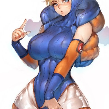 apex legends, wattson (apex legends), fumio (rsqkr), 1girls, big breasts, blonde hair, blue eyes, bodysuit, cameltoe, eye contact, female, huge breasts, looking at viewer, nipple bulge, solo