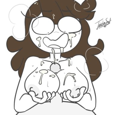 jaiden animations, youtube, anon, jaiden, slobbyslapper, sssir8, 1girls, cum, cum in face, cum on breasts, cumming, grabbing own breast, looking at penis, nude female, nude male