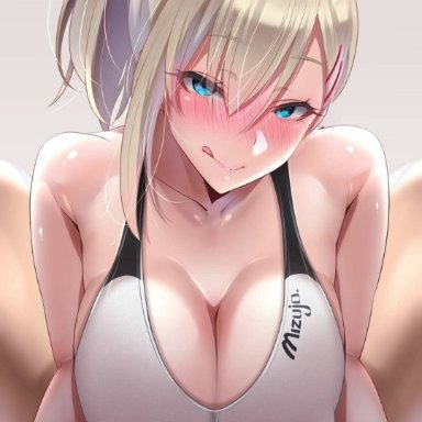character request, artist request, 1girl, 1girls, big breasts, blonde hair, blue eyes, blush, blush stickers, blushing at viewer, cleavage, clothed, collarbone, eyebrows visible through hair, fair skin