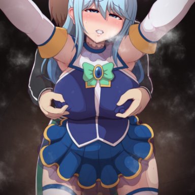 aqua (konosuba), satou kazuma, ponpo, 1boy, 1girls, ahe gao, ambiguous penetration, armpits, arms out, blue eyes, blue hair, blush, breasts, brown hair, clothed