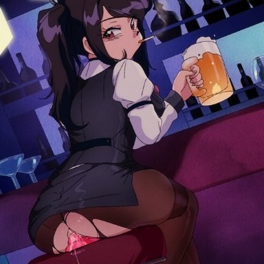 va-11 hall-a, julianne stingray, bluethebone, 1girls, ass, beer, big ass, clothed, clothed female, clothes, clothing, dildo, dildo riding, dildo sitting, dripping pussy