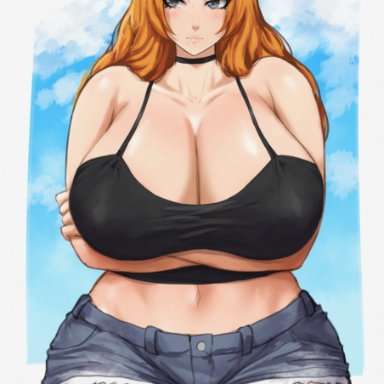 bleach, matsumoto rangiku, batako, 1girls, arm under breasts, blonde hair, blue eyes, booty shorts, breasts, choker, cleavage, curvy, female, female only, hips