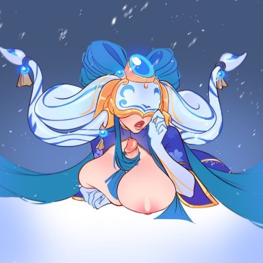 league of legends, lissandra, porcelain lissandra, ilewdha, ilwha, 1boy, 1girls, big breasts, blindfold, breasts, exposed breasts, gloves, hair ornament, long hair, nipples