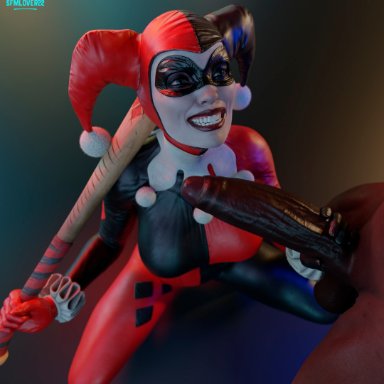 batman (series), dc, dc comics, harley quinn, harley quinn (classic), sfmlover22, 1boy, 1girls, big penis, blue eyes, bodysuit, busty, clown, clown girl, dark-skinned male