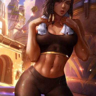 overwatch, pharah, logan cure, abs, bike shorts, breasts, cameltoe, cleavage, crop top, dark-skinned female, dark skin, female, female only, looking at viewer, navel