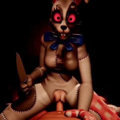 five nights at freddy's, vanny (fnaf), w4vy, 1boy, 1girls, anonymous male, bouncing breasts, bow tie, bunny girl, bunnysuit, costume, cowgirl position, cum in pussy, cum inside, dark room