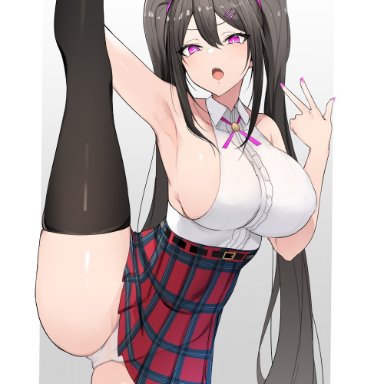 yuuki nanase (red potato rinrin), red potato rinrin, 1girls, armpits, belly button, big breasts, black hair, blush, breasts, cameltoe, clothed, clothing, female, female focus, female only