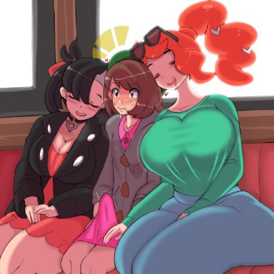 nintendo, pokemon, pokemon ss, gloria (pokemon), marnie (pokemon), sonia (pokemon), fladdykin, 1futa, 2girls, big breasts, big penis, black hair, breast size difference, breasts, cleavage