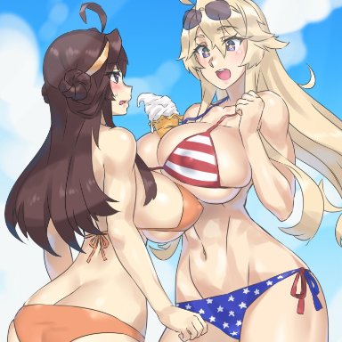 kantai collection, iowa (kantai collection), kongou (kantai collection), mizuumi (bb), 2girls, abs, ahoge, american flag bikini, ass, ass cleavage, asymmetrical docking, between breasts, bikini, blonde hair, blue eyes