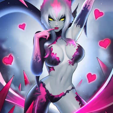 league of legends, evelynn, mcdobo, finger in mouth, heart, raised arm, safe for work, smile, solo focus, white hair, yellow eyes